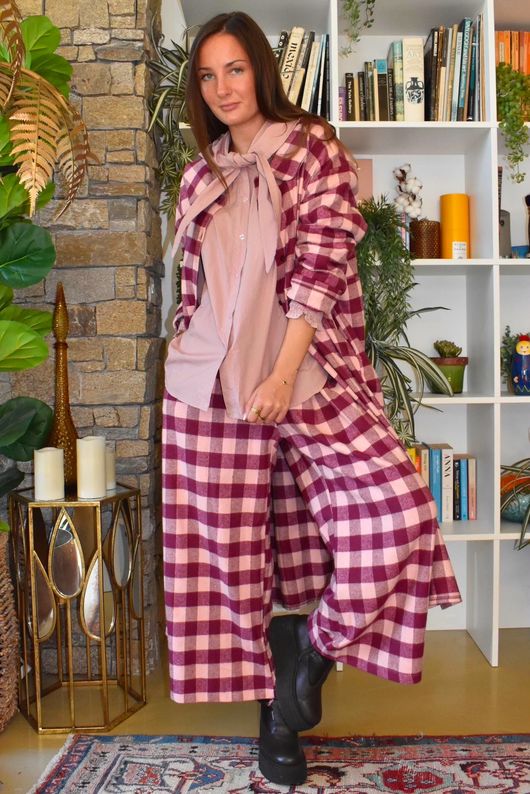 Nora Brushed Cotton Gingham Kick Pant Aubergine